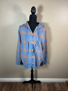 Light in the Box Blue Peach Plaid Button-Up Hoodie NWT Small